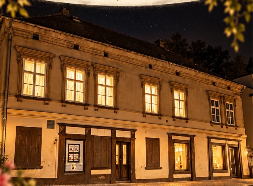 Die beleuchtete Fassade der Poststube 1840 bei Nacht